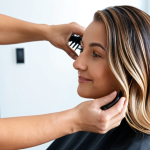 A stylist expertly performing a balayage technique on a client in a modern, well-lit salon. The client looks relaxed and pleased. Focus on the stylist's skillful application and the client's radiant hair.**

**