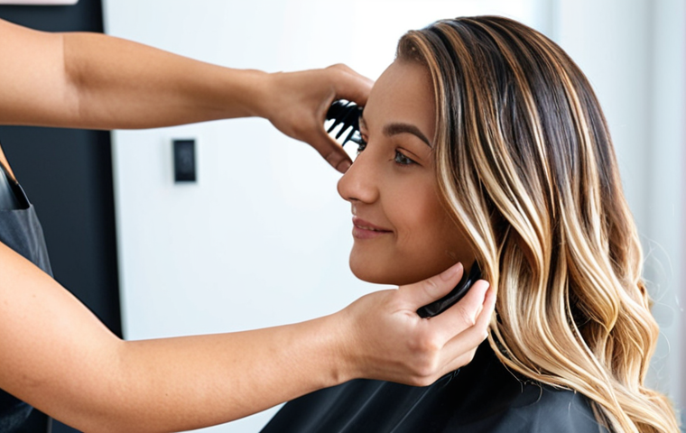 A stylist expertly performing a balayage technique on a client in a modern, well-lit salon. The client looks relaxed and pleased. Focus on the stylist's skillful application and the client's radiant hair.**
**