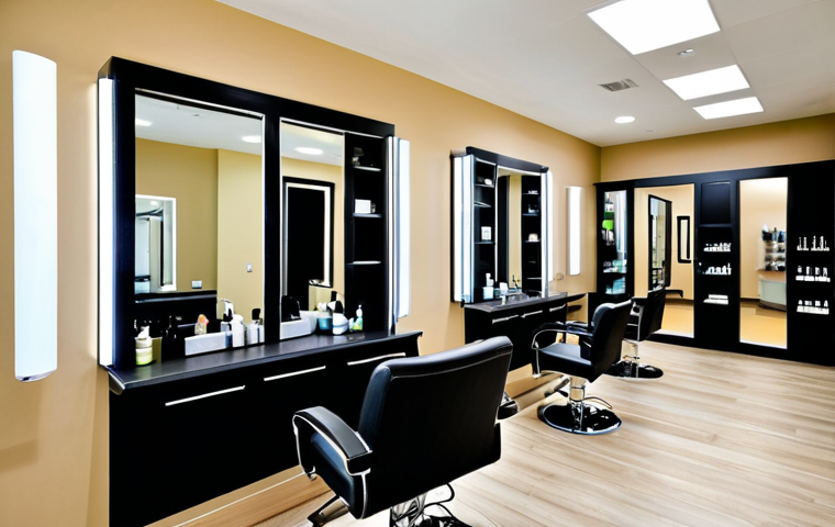 헤어디자이너 미용실 인테리어 - Ergonomic Salon Furniture**

"A brightly lit beauty salon showing ergonomic salon chairs and styling...