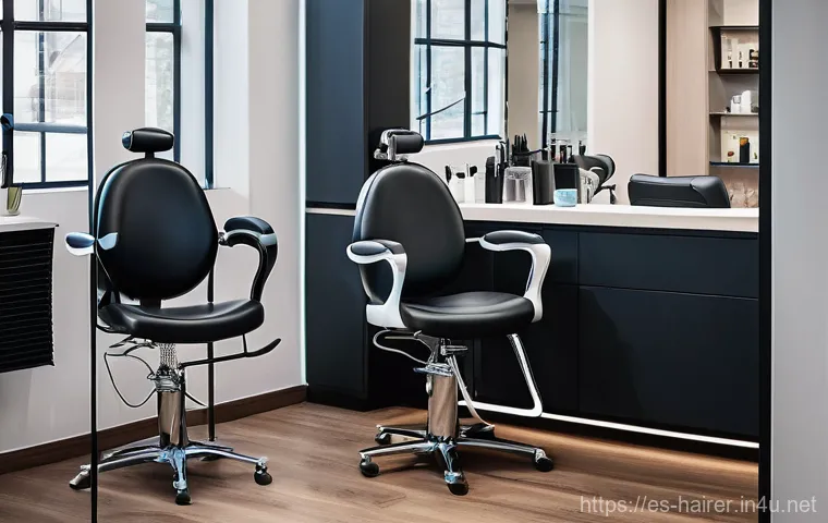 헤어디자이너 건강 관리 팁 - **Ergonomic Workspace for a Stylist**
"A contemporary, well-lit hair salon interior. A professio...