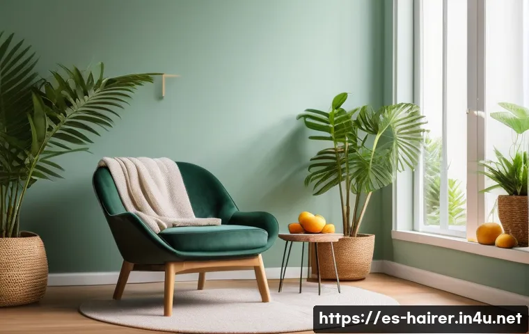 헤어디자이너 휴가와 리프레시 - A serene and cozy home interior featuring a stylist’s peaceful relaxation corner bathed in natural l...