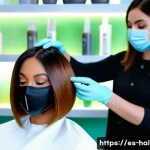헤어디자이너 사내 교육 참여 후기 - A modern hair salon scene featuring a professional hairstylist using an advanced flat iron with temp...