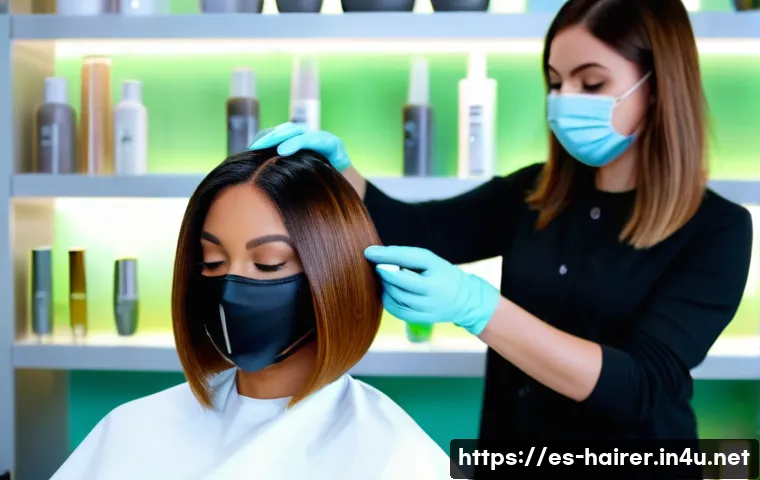 헤어디자이너 사내 교육 참여 후기 - A modern hair salon scene featuring a professional hairstylist using an advanced flat iron with temp...