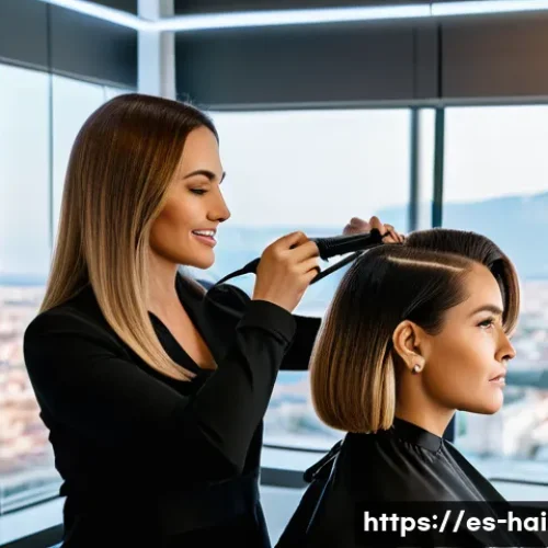 Home 31 헤어디자이너 경력별 급여 비교 - A professional hairstylist working in a modern luxury salon in Madrid, Spain, styling a client’s hai...