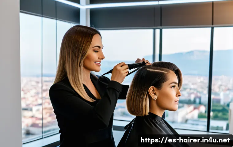 헤어디자이너 경력별 급여 비교 - A professional hairstylist working in a modern luxury salon in Madrid, Spain, styling a client&rsquo;s hai...