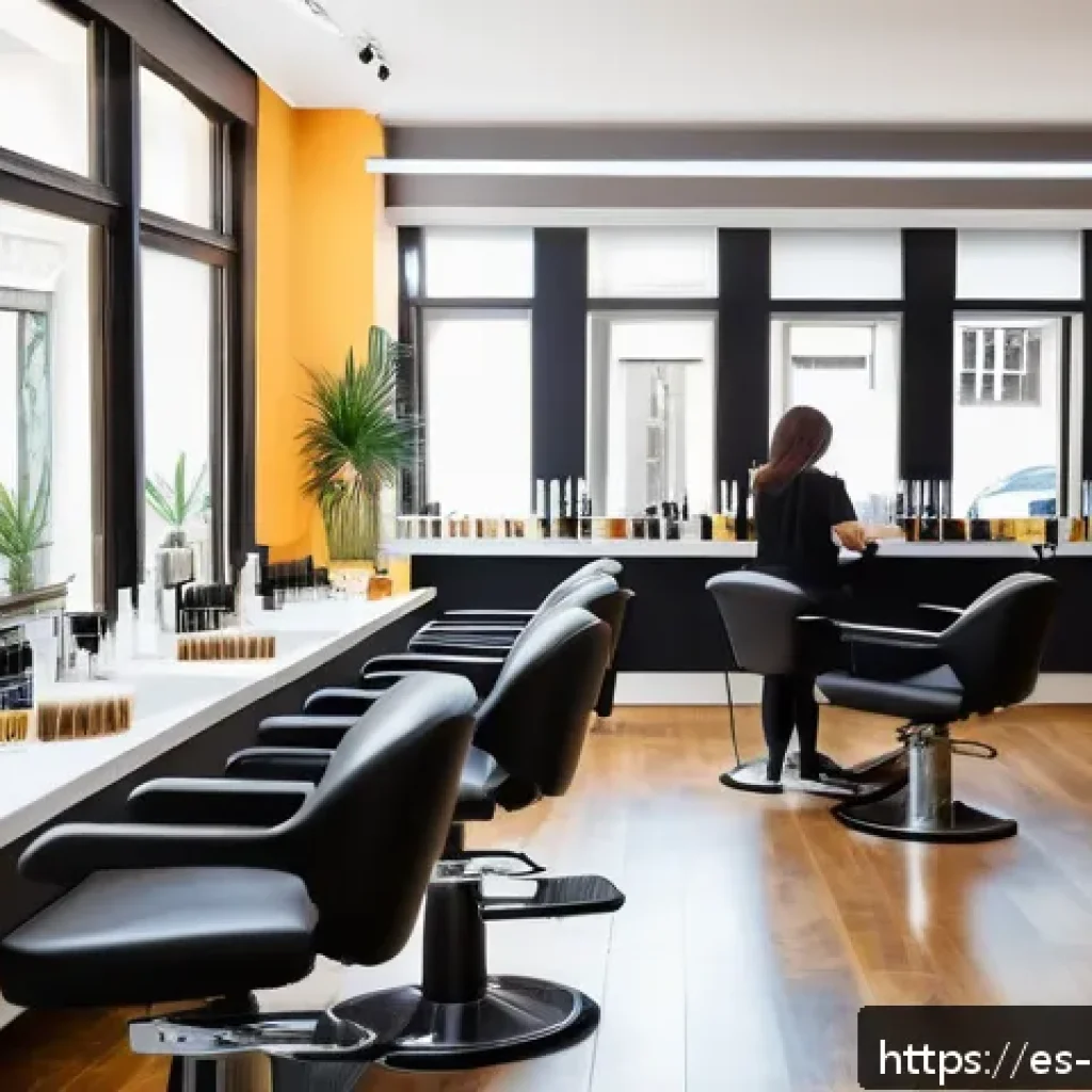 헤어디자이너의 성장 스토리 - A modern hair salon interior in a bustling Spanish city, featuring a diverse group of hairstylists e...