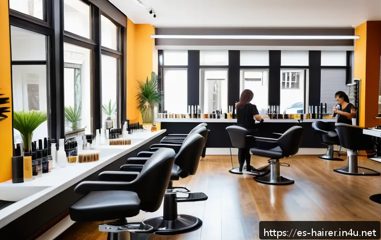 헤어디자이너의 성장 스토리 - A modern hair salon interior in a bustling Spanish city, featuring a diverse group of hairstylists e...