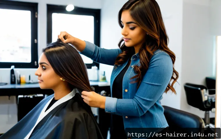 Home 17 헤어디자이너 실무 교육 후기 - Photorealistic modern hair salon in a Spanish-speaking city, young Latina hairstylist completing han...