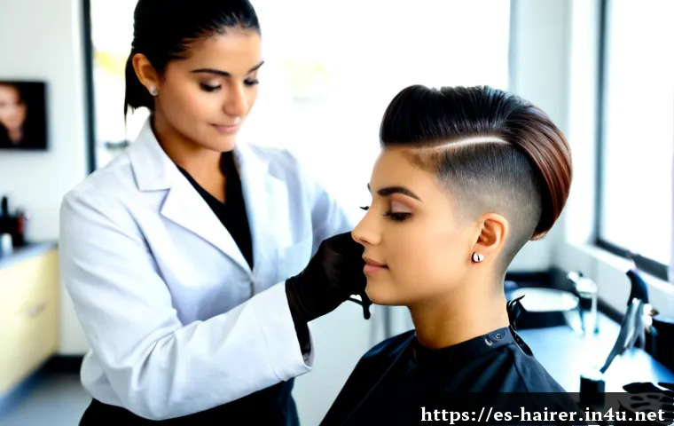 헤어디자이너 자격증 시험 과목 - Photorealistic vocational hairdressing certification exam scene in a bright Spanish training salon, ...